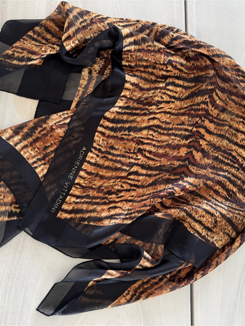 Adrienne Vittadini Tiger-Print Silk Scarf in Brown and Black
